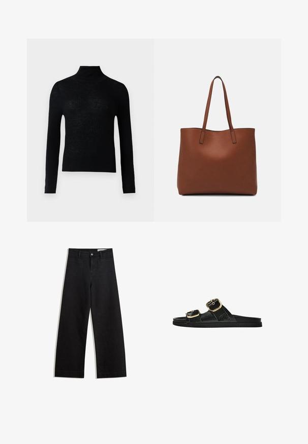 Crna rebrasta turtleneck majica dugih rukava s prilagođenim dizajnom. Izrađena od pletene tkanine, tekstura se čini blago prozirnom.; Crne široke traperice s visokim strukom, s prednjim i stražnjim džepovima, šivenim šavovima i kopčanjem na gumb. Glatka tekstura.; Crne sandale na klizanje s dva zlatna akcenta u obliku kopči, glatkog teksturiranog materijala, ravnim potplatom i minimalističkim dizajnom.; Smeđa kožna torba preko ramena s glatkom teksturom, otvorenim vrhom i dvjema naramenicama. Ima minimalne šavove i nema vidljivog hardvera.