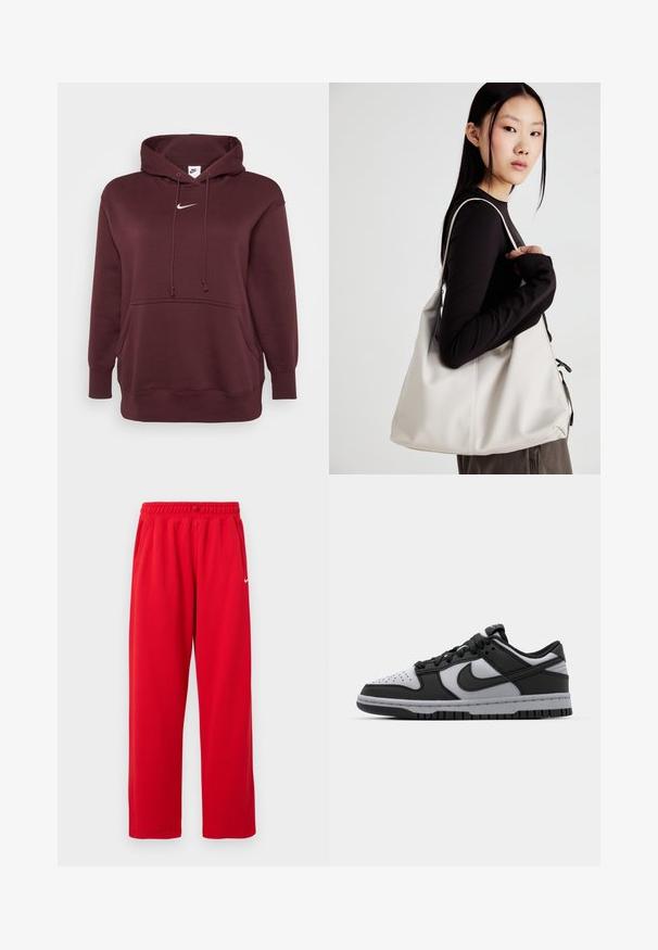 Μαρόνα φούτερ με τσέπη μπροστά, κουκούλα με κορδόνι και μικρό λευκό λογότυπο Nike στο στήθος. Μαλακό, υφασμάτινο ύφασμα. Μακρύ μανίκια.; Κόκκινες αθλητικές παντελόνες με ελαστική μέση, πλαϊνές τσέπες και λευκό λογότυπο Nike στη αριστερή πλευρά. Φτιαγμένες από απαλό ύφασμα.; Μαύρα και γκρι Nike Dunk χαμηλά sneakers με τρυπητή μύτη, λείες δερμάτινες λεπτομέρειες και καουτσούκ σόλα με υφή και μοτίβο τάσης.; Μπεζ τσάντα χειρός από μαλακό υλικό, με χαλαρή σχεδίαση, ραφές και δύο λουράκια ώμου. Κατάλληλη για καθημερινή χρήση.