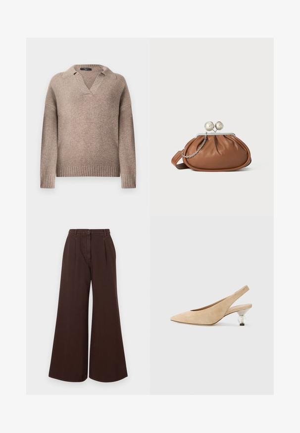 Taupe knitted long-sleeve sweater with ribbed cuffs, hem, and collar featuring an open V-neck design.; High-waist wide-leg brown pants with button and zipper closure, belt loops, and front pleats.; Beige suede slingback shoe with a pointed toe and a transparent, rounded heel. Smooth texture and minimalist design.; Brown leather clutch purse with silver ball clasp and a small silver chain detail on a white background.