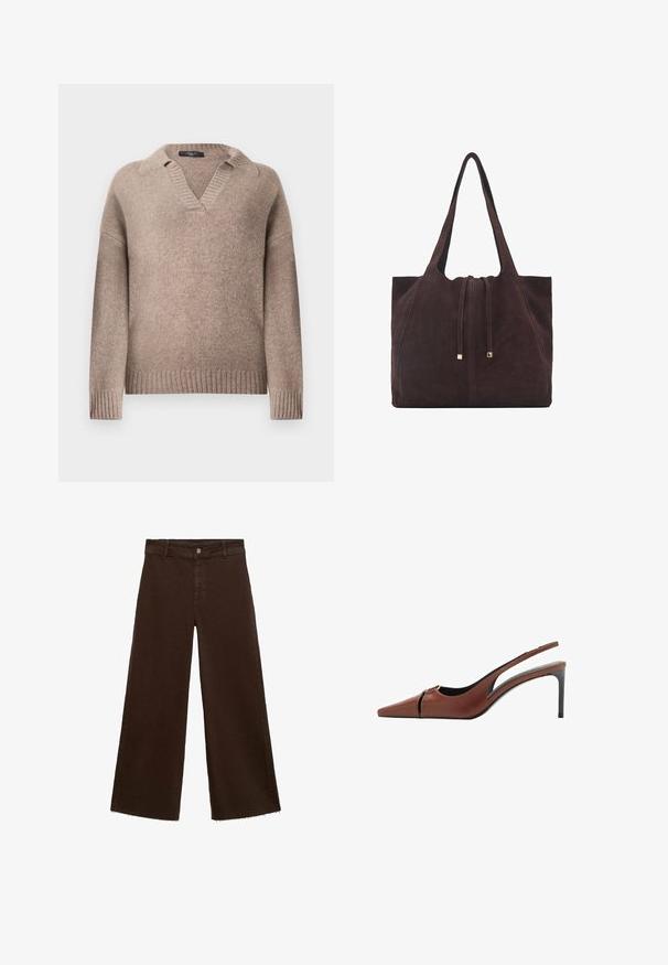 Duge rukave pleteni džemper u boji tamnosmeđe sa rebrastim manžetama, rubom i ovratnikom te dizajnom otvorenog V-izreza.; Smeđe široke hlače od pamuka, s raspucanim rubom, prednjim kopčanjem na dugme i klasičnim dizajnom s pet džepova. Minimalističke i svestrane.; Smeđa kožna slingback potpetica s iznimno šiljastim vrhom, izrezanom detaljom na gornjem dijelu i elegantnom stiletto potpeticom. Glatka tekstura.; Mango Velika torba - dark brown