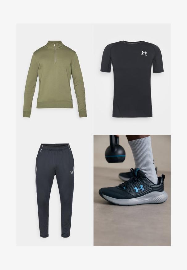 Sudadera pullover color verde oliva con cuello alto y cierre de media cremallera. Tiene mangas largas y puños acanalados, fabricada con un tejido suave.; Camiseta atlética negra de manga corta hecha de un tejido que absorbe la humedad y es elástico. Cuenta con un cuello redondo y un pequeño logo blanco en el pecho.; Pantalones deportivos negros hechos de una tela suave, con una cintura elástica, piernas ceñidas y rayas laterales blancas. Incluye un logo de Under Armour.; Zapatilla deportiva negra con acentos azules, parte superior texturizada y suela gris. Llevada con calcetines grises de canalé, al lado de una kettlebell negra.