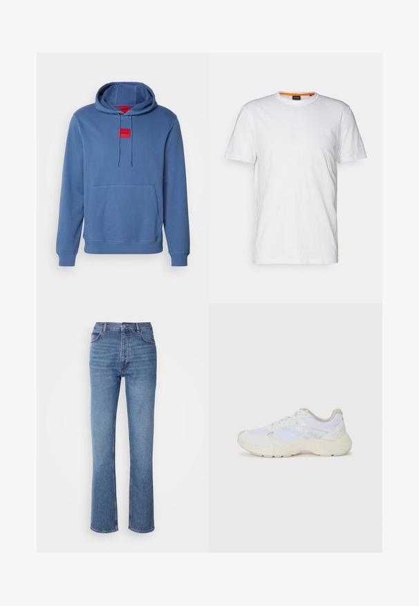 Felpa blu in cotone con cappuccio a doppio strato, tasca a marsupio e patch rosso con logo HUGO. Polsini e orlo a costine per una vestibilità aderente.; T-shirt bianco in cotone con collo rotondo, maniche corte e un logo a rilievo discreto sul petto. L'etichetta interna ha un accento arancione.; Jeans in denim blu con vita alta, design a gamba dritta e leggera sbiaditura. Presentano il classico stile a cinque tasche e chiusura con zip.; Scarpe da ginnastica bianche in mesh e suede, con una suola intermedia testurizzata, dettagli testurizzati e il logo "HUGO" sul lato.