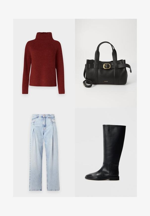 DRYKORN ARWEN - Pullover - red; Jeans en denim bleu clair avec taille haute, coupe large, deux poches latérales et design plissé. Texture douce avec une finition décolorée.; Botte en cuir noir, montant jusqu'au genou, avec un bout arrondi, texture lisse, design minimaliste et semelle plate. Détails de couture simples sur la tige.; Sac à main en cuir noir présentant un design structuré, deux poignées supérieures, un accent de boucle en ton doré et un logo de la marque en relief à l'avant.