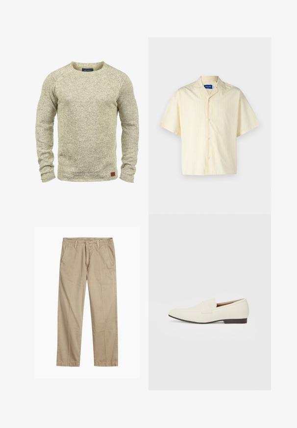 Helle beige Strickpullover mit langen Ärmeln, Rundhalsausschnitt und strukturierter Oberfläche. Mit einem kleinen braunen Lederlabel am Saum.; Jack & Jones JORBOXY SHIRT - Hemd - antique white; Beige gerade geschnittene Chinos mit Gürtelschlaufen, vorderem Knopf- und Reißverschlussverschluss sowie schrägen Fronttaschen.; Hellbeige Slipper mit spitzem Zehenbereich, glattem Material, einem Riemen über dem Vorderfuß und einer niedrigen braunen Sohle. Einfaches Design mit minimalen Akzenten.