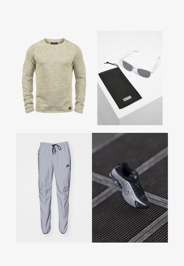 Pull en tricot beige clair avec des manches longues, un col rond et une finition texturée. Il présente une petite étiquette en cuir marron sur l'ourlet.; Pantalons de survêtement gris clair en tissu lisse et léger avec des accents noirs. Comprend une taille élastique avec cordon de serrage et des poches latérales.; Chaussure de sport Nike avec un design noir et argenté. Fabriquée en matériau synthétique avec des accents en maille et une semelle de soutien avec un amorti à air visible.; Lunettes de soleil en plastique blanc avec verres gris à côté d'une pochette en tissu noir ornée d'un logo "URBAN CLASSICS" en lettres majuscules blanches.
