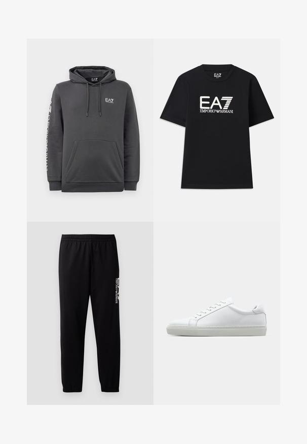 Tmavě šedá mikina s kapucí, přední kapsou, šňůrkami a bílými logy "EA7 Emporio Armani" na hrudi a levém rukávu.; Černé tričko z bavlny s kulatým výstřihem a krátkými rukávy. Vyšívané logo "EA7 EMPORIO ARMANI" v bílé barvě na přední straně.; Černé sportovní kalhoty vyrobené z hladkého materiálu, s elastickým pasem a manžetami, a s kontrastním logem potištěným na boku.; Bílé tenisky s hladkým koženým svrškem a nízkým profilem. Mají zaoblenou špičku, šest nýtů a texturovanou gumovou podrážku.