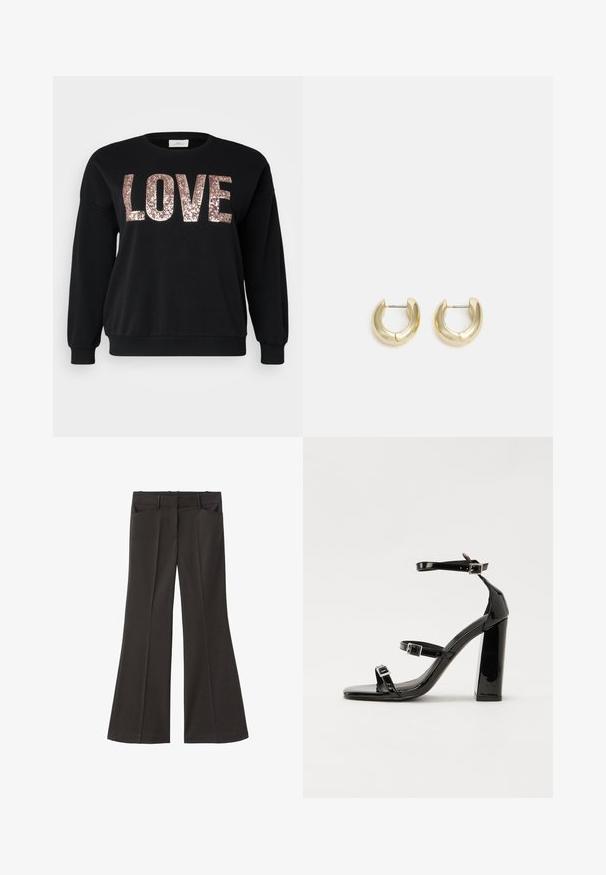 ONLY Carmakoma CARKATYA LOVE O NECK - Sweatshirt - black; Black flared trousers with a high waist; features two front pockets and a smooth fabric texture. Suitable for various occasions.; Black patent heeled sandals with a square toe, ankle straps, and silver buckles. Features a chunky block heel for stability.; Gold-tone hoop earrings with a smooth, polished finish. Features a half-circle shape and a secure post closure.
