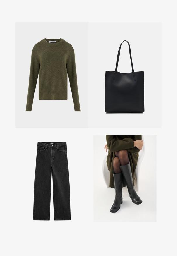 Maglione di lana verde oliva con scollo tondo, maniche lunghe e polsini a coste, abbinato a denim scuro e cintura nera. Texture morbida.; Jeans in denim nero a gamba larga con un sottile motivo a righe verticali, dotati di cinque tasche e una chiusura a bottone classica in vita.; Stivali neri in pelle alti fino al ginocchio con punta squadrata e tacco a blocco, mostrati con un modello seduto in un cappotto verde oliva. Texture liscia, dettagli minimi.; Borsa tote in pelle nera con texture liscia, forma rettangolare e due manici lunghi. Nessun hardware o decorazione visibile.