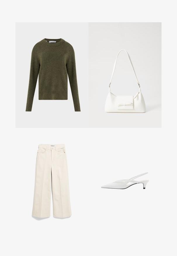 Olijfgroene wollen trui met een ronde hals, lange mouwen en geribbelde manchetten, gecombineerd met donker denim en een zwarte riem. Zachte textuur.; Beige wijde broek van katoen, met een hoge taille, voorkruiden en een ritssluiting. Rechte zoom met minimaal zichtbare stiksels.; Witte slingback hak met spitse neus, voorzien van een gladde bovenkant, subtiele uitsparingen en een lage blokhak. Zwarte zool accentueert het ontwerp.; Witte synthetische handtas met een driehoekige vorm, platte voorklep en strikdetail, verstelbare schouderriem, gladde textuur en minimalistisch ontwerp.