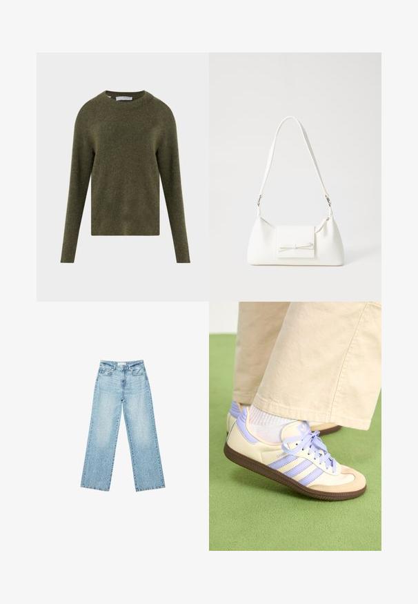 Olivgrüner Wollpullover mit rundem Ausschnitt, langen Ärmeln und gerippten Bündchen, kombiniert mit dunkler Jeans und einem schwarzen Gürtel. Weiche Textur.; Helle blaue Denim-Jeans mit weitem Bein und hoher Taille, im lässigen Look mit einem ausgewaschenen Finish und kleinen, verstreuten Used-Effekten.; Cremefarbene und lavendelfarbene Sneakers mit drei Streifen und einer strukturierten braunen Sohle, ausgestattet mit Schnürsenkeln und einer gepolsterten Ferse. Obermaterial aus weichem Stoff.; Weiße synthetische Handtasche in dreieckiger Form, flache Vorderklappe und Schleifendetail, verstellbarer Trageriemen, glatte Textur und minimalistisches Design.