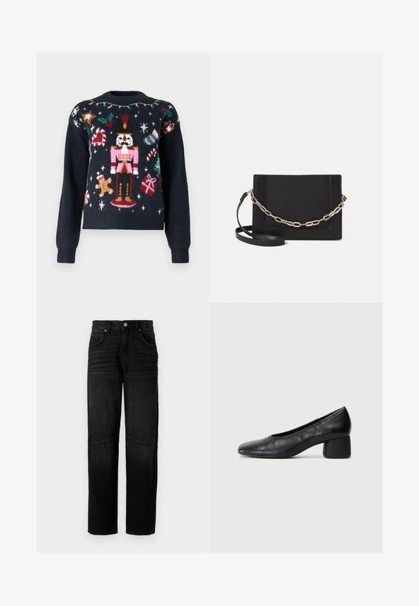 Pulover bleumarin cu modele festive tricotate, inclusiv un soldat de lemn, un om de turta dulce, bezele și cadouri cu accente multicolore.; Jeansi din denim negru cu o croială dreaptă, stil cu cinci buzunare, închidere cu nasture și detalii subtil estompate pe coapse și genunchi.; Pantofii din piele neagră au un vârf rotund și un toc de tip bloc de înălțime medie. Au o textură netedă, cu detalii minime, având o deschidere elastică subtilă.; Geantă de umăr din piele neagră, cu o textură netedă, formă rectangulară și un detaliu din lanț metalic în față. Include curea reglabilă.