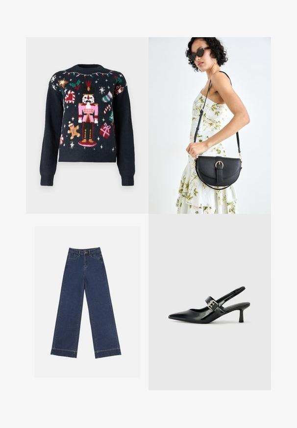 Tumši zila džemperis ar svinīgiem adījumiem, tostarp koka leļļu, piparkūku cilvēku, konfekšu nūjiņām un dāvanām ar daudzkrāsainiem akcentiem.; Platās kājas džinsi tumši zilā denima krāsā. Iespējas: piecas kabatas, siksnu cilpas un neapstrādāta apakša ar redzamām šuvju detaļām.; Melnas lakotas ādas sūkņa kurpes ar norādītu purngali un mazu bloku papēdi, ar sudraba sprādzi akcentā uz jostas.; Melnas ādas rokassoma ar izliekta formu, noņemamu siksnu un zelta aksesuāriem. Somai ir vāciņš ar sprādzes detaļu.