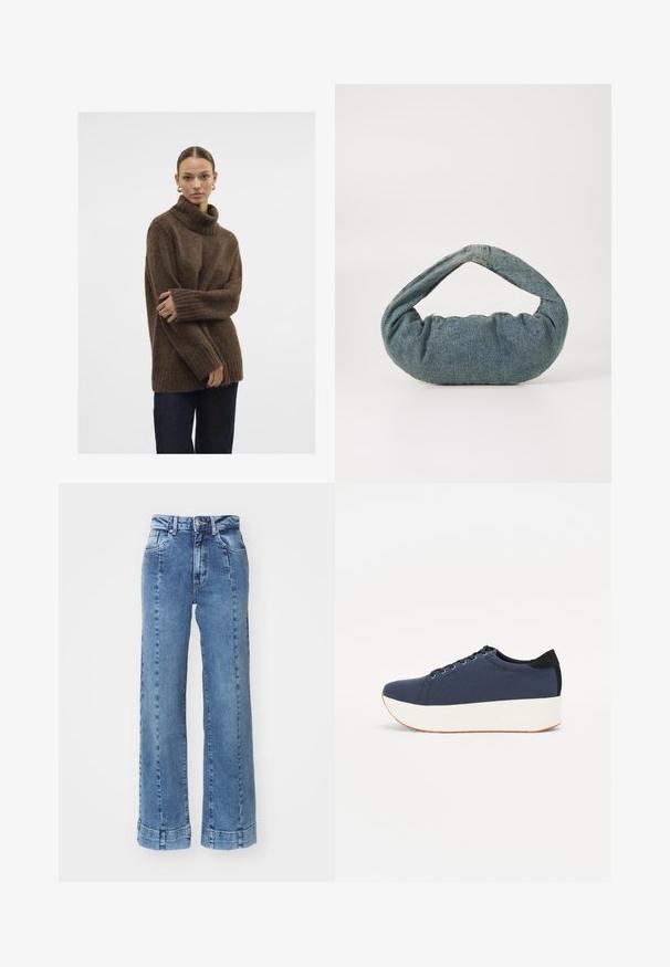 Brown knitted turtleneck sweater with ribbed cuffs and hem; soft texture; relaxed fit; slightly loose silhouette. Model wears dark jeans.; Light blue denim wide-leg jeans with a high waist, featuring front pockets and stitched detailing. The hem is rolled and sewn.; Navy blue sneaker with a textured fabric upper, white platform sole, rounded toe, and black heel accent. Features six eyelets for laces.; Blue denim bag with a padded, rounded shape and a curved handle. The texture is soft, featuring visible stitching and a smooth finish.