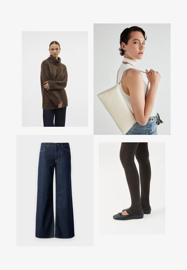 Pulover căptușit din tricot de culoare maronie, cu manșete și tiv ribblicat; textură moale; croi relaxat; siluetă ușor lejeră. Modelul poartă blugi închis la culoare.; Jeanși cu picioare largi din denim albastru închis. Prezintă cusături contrastante, cinci buzunare și o închidere cu nasture la talie. Textură netedă.; Pantofi negri cu un detaliu mic de fundiță la vârf, asortați cu colanți maro închis, cu textură ondulată. Pantofii au o textură netedă și un profil joase.; Geantă de clutch rectangulară albă, realizată dintr-un material lucios, având o curea de lanț argintie. Modelul pozează, evidențiind geanta pe un fundal simplu.