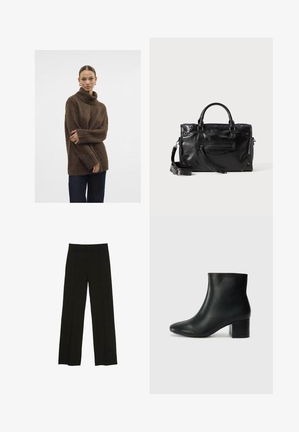 Brauner gestrickter Rollkragenpullover mit gerippten Ärmeln und Saum; weiche Textur; lockere Passform; leicht lockere Silhouette. Das Model trägt dunkle Jeans.; Schwarze weit geschnittene Hosen aus glattem Stoff, ausgestattet mit einem taillierten Bund und dezenten vorderen Falten für zusätzliche Struktur.; Schwarze Leder-Ankle-Boots mit spitzem Zehenbereich und klobigem Absatz. Glatte Textur mit minimalen Akzenten und einem eleganten, taillierten Design.; Schwarze Lederhandtasche mit zwei kurzen Griffen und einem abnehmbaren Schultergurt. Verfügt über eine Fronttasche mit Reißverschluss und metallene Akzente. Texturierte Oberfläche.