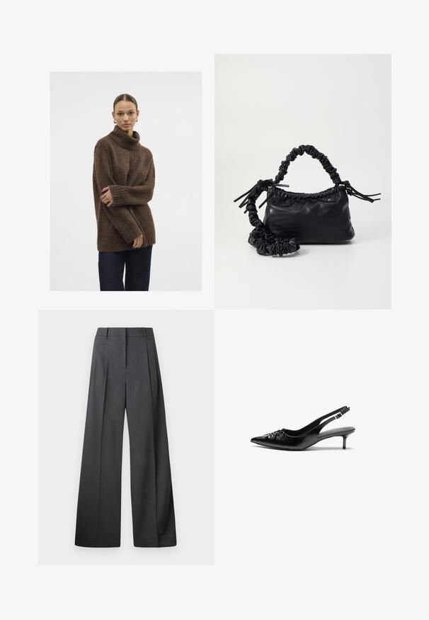 Smeškan ljubičasti pulover sa rolkragnom, rebrastim manžetama i donjim rubom; mekan materijal; opušteni kroj; blago labav siluet. Model nosi tamne traperice.; Hlače širokih nogavica u tamnosivoj tkanini, s visokim strukom, jednim naborom i glatkom teksturom s urednim završetkom na rubovima.; Crne kožne sandale na petu s remenom oko pete, špicastim vrhom, niskom petom u stilu kitten i naboranim detaljem na gornjem dijelu. Glatka tekstura i minimalistički dizajn.; Crna torba od umjetne kože s teksturom krokodila, s cinčanim vrhom i naboranom trakom. Izgleda mekano i kompaktno u dizajnu.