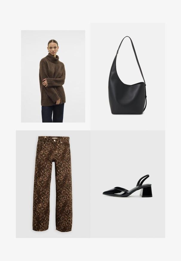 Barna kötött garbó pulóver bordás mandzsettákkal és szegéllyel; puha textúra; laza szabás; enyhén bő sziluett. A modellen sötét farmernadrág található.; Leopárdmintás, bő szárú farmernadrág barna és bézs színekben. Denimből készült, klasszikus öt zsebes dizájnnal és fémből készült kiegészítőkkel.; Fekete lakk bőr szandálkés magas sarkú cipő, hegyes orral és geometrikus tömbsarkakkal. Karcsú, minimalista dizájn és sima textúra jellemzi.; Fekete bőr hobo táska sima textúrával, ívelt formával és egyetlen állítható pánttal; széles nyílás található a tetején.