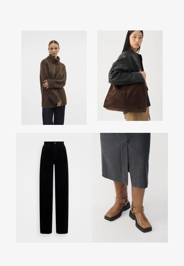 Maglione a collo alto in maglia marrone con polsini e orlo a coste; texture morbida; vestibilità rilassata; silhouette leggermente ampia. Il modello indossa jeans scuri.; Pantaloni in corduroy neri con vita alta, design a gamba larga e chiusura con un singolo bottone anteriore. Texture liscia con rigature verticali.; Stivali alti fino al ginocchio in pelle marrone con punta quadrata, suola in gomma nera e dettaglio con cinturino regolabile. Indossati con una gonna grigia a righe.; Borsa tote in suede marrone con forma ampia e texture morbida, caratterizzata da una strap singola e hardware minimale su uno sfondo neutro.
