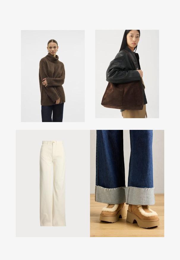 Brown knitted turtleneck sweater with ribbed cuffs and hem; soft texture; relaxed fit; slightly loose silhouette. Model wears dark jeans.; Polo Ralph Lauren COTTON CORDUROY WIDE-LEG PANT - Trousers - warm white; Brown suede platform boots with cream fur lining, paired with wide-leg denim pants featuring frayed hems and a lighter denim cuff.; Brown suede tote bag with a wide shape and soft texture, featuring a single strap and minimal hardware against a neutral backdrop.