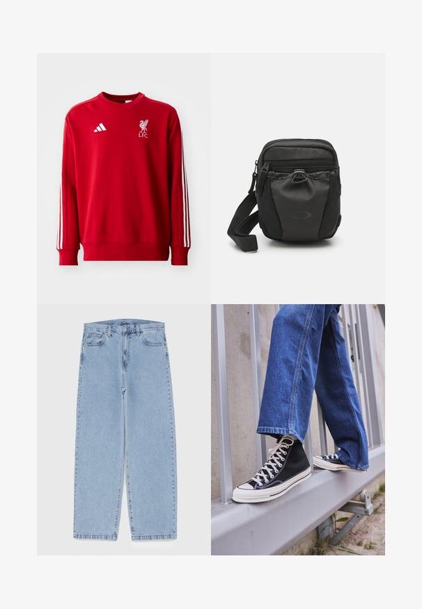 adidas Performance LIVERPOOL FC DNA SWEAT - Equipación de clubes - strawberry red; Jean de mezclilla azul claro con diseño de pierna recta, con una cintura de altura media, cinco bolsillos y un cierre de botón y cremallera.; Zapatillas de deporte negras de caña alta con suela y cordones blancos, combinadas con unos vaqueros de denim azul holgados, apoyadas en una barandilla gris.; Bolso cruzado de nylon negro con compartimentos con cremallera, superficie texturizada, correa ajustable y detalle de logo en la parte frontal. Diseño compacto.