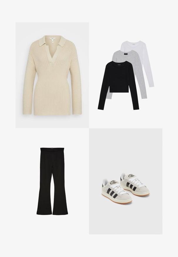 Object OBJGIKONI LOOSE - Maglione - sandshell; Tre magliette a maniche lunghe impilate: nera, grigia e bianca. Ognuna ha un colletto rotondo e un design accorciato con tessuto morbido e leggero.; Leggings a zampa nera realizzati in un tessuto elasticizzato. Presentano una vita alta e una superficie liscia, con una silhouette aderente che si ampia all'orlo.; Sneakers in suede grigio con lacci bianchi, strisce nere e suola in gomma bianca. Presentano un logo circolare sulla linguetta e una suola in gomma.