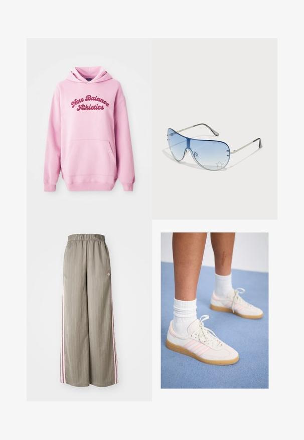 Sweatshirt rosa com capuz, bolso frontal tipo canguru e texto "New Balance Athletics" em rosa escuro no peito.; Calças largas verde-azeitona claras com riscas verticais, cintura elástica e riscas laterais rosa. Apresenta um pequeno logótipo no quadril.; Ténis de camurça branca e rosa com três riscas cor-de-rosa, sola de borracha bege clara e meias brancas caneladas. Posicionados sobre um tapete azul.; Óculos de sol aviador com lentes azuis em degradê, armação metálica prateada e detalhes decorativos de estrelas nas lentes. Design suave e elegante.