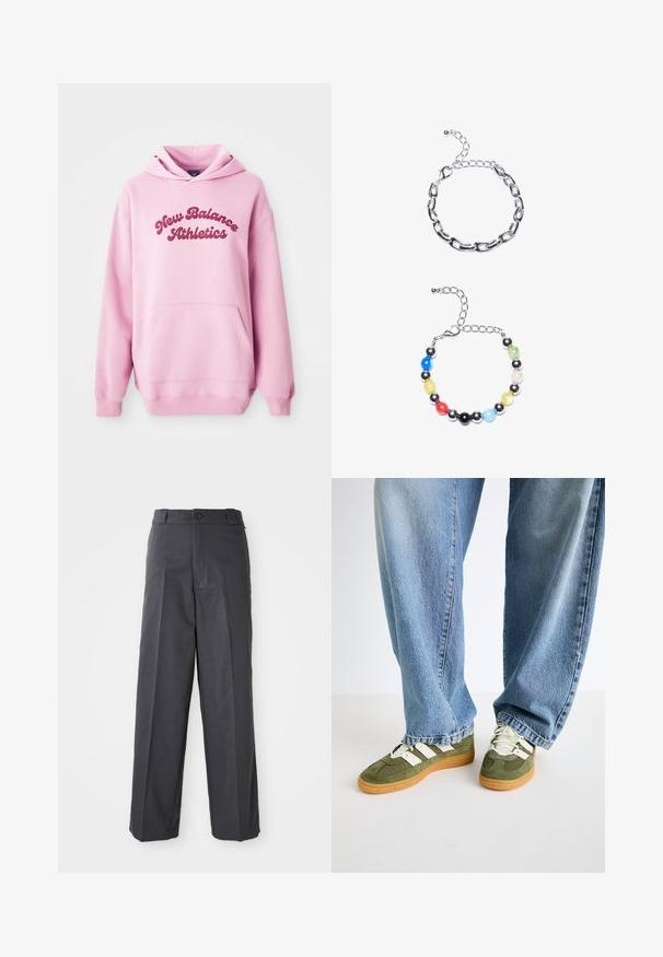 Růžová mikina s kapucí a přední kapsou typu kangaroo, na hrudi s tmavě růžovým nápisem "New Balance Athletics".; Tmavě šedé kalhoty s rovnými nohavicemi, nabízející jediné zapínání na knoflík, poutka na pásek a hladkou, texturovanou látku.; Zelené tenisky s bílými pruhy a textilním svrškem, spárované se světle modrými oversized džínami s rovnou nohavicí.; Stříbrný náramek s řetízkem s prodlouženými články nahoře. Nahoře je barevný náramek z korálků s černými, modrými, zelenými, žlutými, červenými a průhlednými korálky.