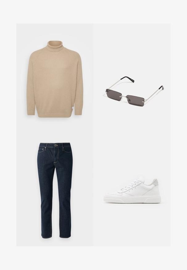 Jack & Jones JJPANNEL ROLL NECK - Pullover - crockery; Jean en denim bleu foncé avec une coupe droite, présentant une fermeture à bouton, cinq poches et des coutures contrastées. Texture lisse.; Des baskets en cuir blanc avec une finition lisse, un bout rond, des lacets plats et une semelle texturée. Accents en daim gris au niveau du talon.; Lunettes de soleil avec des verres rectangulaires gris foncé, des montures en métal argenté et des embouts en plastique noir sur les branches. Conception légère avec des plaquettes de nez.