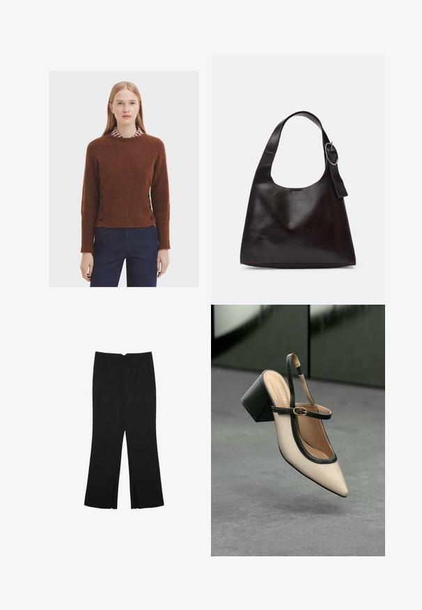 Brauner Wollpullover mit geripptem Textur, runder Ausschnitt und schwarzen Knöpfen an den Seiten, getragen über einem Kragenhemd mit geometrischem Muster.; Schwarze Hose mit geradem Schnitt, ausgestattet mit Fronttaschen und Seitenschlitzen am Saum. Hergestellt aus weichem, glattem Stoff. Geeignet für verschiedene Anlässe.; Beige Slingback-Schuh mit spitzer Zehenpartie, schwarzer Umrandung, goldener Schnalle und dicker Blockabsatz auf grauem Boden vor dunklem grünen Hintergrund.; Braune Lederumhängetasche mit glatter Textur, runder Form, breitem Tragegurt und metallischem, kreisförmigem Akzent am Griff.