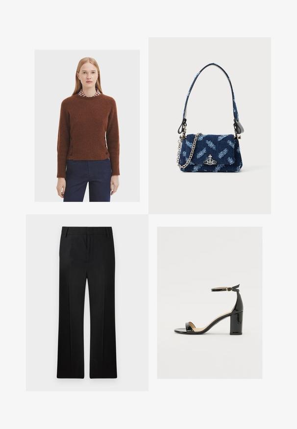 Brauner Wollpullover mit geripptem Textur, runder Ausschnitt und schwarzen Knöpfen an den Seiten, getragen über einem Kragenhemd mit geometrischem Muster.; Schwarze Hose, gerades Bein-Design, aus glattem Stoff gefertigt. Verfügt über dezente Falten auf der Vorderseite und einen flachen Bund mit Gürtelschlaufen.; Schwarze Lackleder-Sandalette mit weitem Absatz, offener Zehenpartie und Knöchelriemen mit goldener Schnalle. Glatte Textur und elegantes Design.; Navyblaues Stoffhandtasche mit strukturiertem Design, silbernen Beschlägen und abnehmbarem Kettenträger. Besitzt einen Klappenverschluss und ein Logo-Detail.