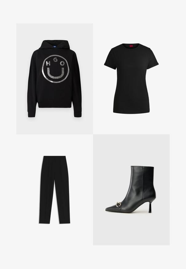Schwarzer Hoodie aus weichem Material mit einem großen, silbernen Glitzer-Smiley-Gesicht-Design und dem Text "HGO" im Inneren des Kreises.; Schwarzes Baumwoll-T-Shirt mit kurzen, aufgerollten Ärmeln, rundem Halsausschnitt und rotem Etikett. Glatte Textur, taillierte Form mit minimalen Details.; Schwarze Hose mit geradem Schnitt, doppelten Falten, einer glatten Textur und einem klassischen Bunddesign. Keine sichtbaren Beschläge oder Akzente.; Schwarze Leder-Stiefelette mit spitzer Zehe, schlankem, mittelhohem Absatz und silberner Schnalle seitlich vor einem schlichten Hintergrund.
