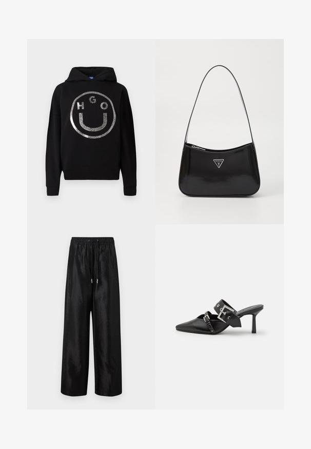 Juodas džemperis su minkšta medžiaga, turintis didelį sidabrinį blizgantį šypsenos veidą su "HGO" tekstu aplink ratą.; Juodi plataus kirpimo kelnių pagaminti iš blizgaus audinio su elastinga juosmens juosta ir raišteliu, dekoruoti sidabrinės spalvos detalėmis.; Juodos aukštakulnės mule bateliai su smailiu pirštu, pagaminti iš lygaus odos. Turi platų kulkšnies dirželį su kvadratiniu sidabro sagtimi ir skulptūromis.; Juodas lakinės odos peties krepšys, turintis kreivą formą, su sidabriniu trikampio logotipu ir užtrauktuko uždarymu. Lygus paviršius ir siauras diržas.