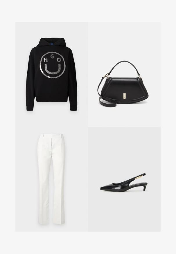 Felpa nera con cappuccio realizzata in materiale morbido, caratterizzata da una grande faccia sorridente in glitter argento con il testo "HGO" all'interno del cerchio.; Pantaloni bianchi su misura con fondo svasato, caratterizzati da pieghe frontali e una texture liscia, realizzati in un tessuto leggero.; Tacchi slingback in pelle nera con punta affusolata, caratterizzati da un tacco alto e un accento dorato sulla cinghia regolabile. Texture liscia.; Borsa a mano in pelle nera con un design strutturato, caratterizzata da una forma corta, manico superiore e accessori in metallo dorato. Inclusa tracolla regolabile.