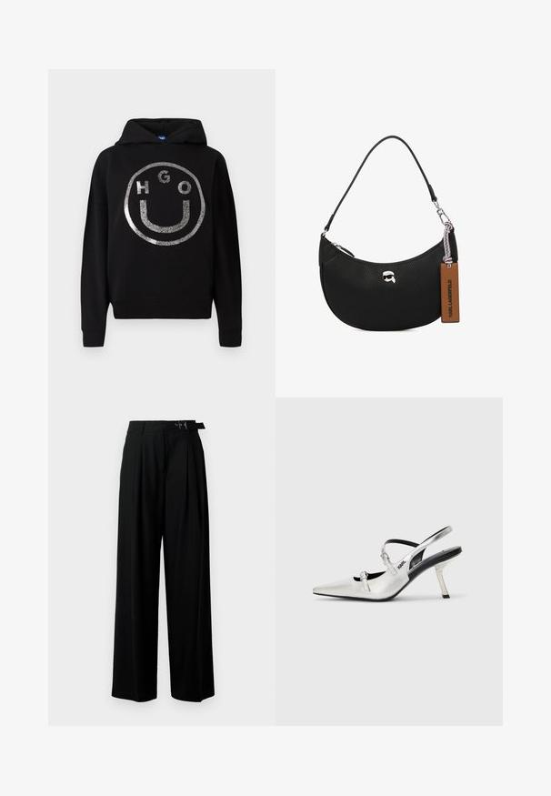 Juodas džemperis su minkšta medžiaga, turintis didelį sidabrinį blizgantį šypsenos veidą su "HGO" tekstu aplink ratą.; Juodos plačios kojų kelnės su aukštu liemeniu, priekinėmis klostėmis ir diržu su sagtimi. Pagamintos iš lygaus, lengvo audinio.; Sidabriniai slingback aukštakulniai bateliai su smailiu nosiu, turintys lygaus metalo apdailą, ploną kulną ir dekoratyvinius dirželio elementus.; Juodas odinis rankinės su grublėta tekstūra, išlinkusia forma, viršutiniu užtrauktuku, sidabrinėmis detalėmis ir rudąja etiketė. Pabrėžtas logotipo akcentas.