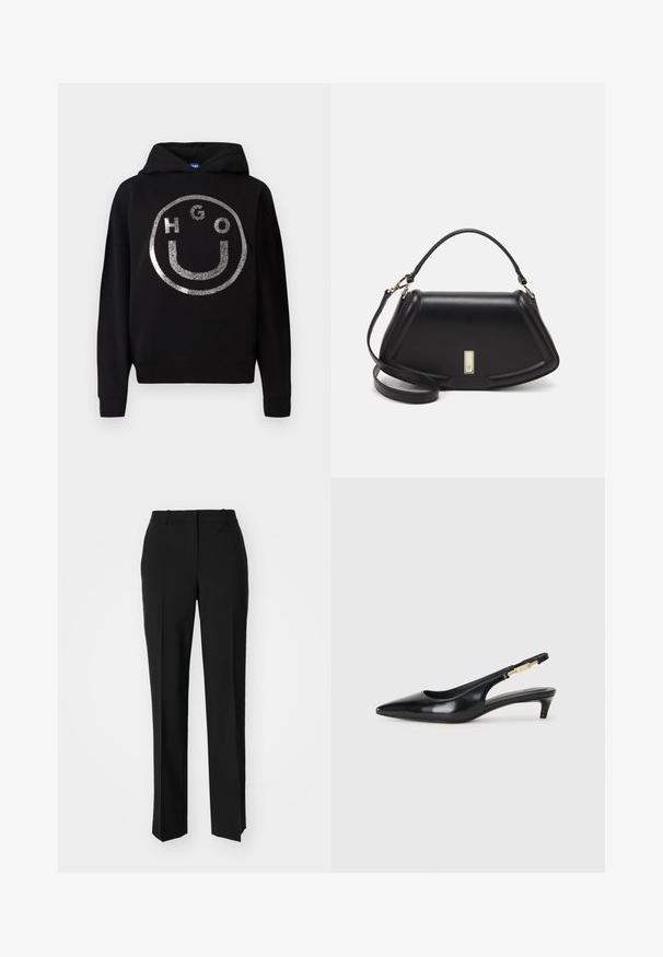 Felpa nera con cappuccio realizzata in materiale morbido, caratterizzata da una grande faccia sorridente in glitter argento con il testo "HGO" all'interno del cerchio.; Pantaloni neri su misura con un design a gamba dritta, caratterizzati da una texture liscia e pieghe ben definite sul davanti. Senza hardware visibile.; Tacchi slingback in pelle nera con punta affusolata, caratterizzati da un tacco alto e un accento dorato sulla cinghia regolabile. Texture liscia.; Borsa a mano in pelle nera con un design strutturato, caratterizzata da una forma corta, manico superiore e accessori in metallo dorato. Inclusa tracolla regolabile.