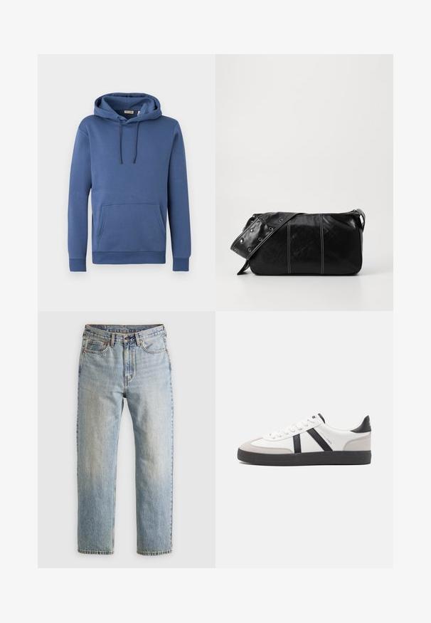 Modrá bavlnená mikina s kapucňou, predným vreckom, šnúrkami na kapucni a rebrovanými manžetami a lemom. Hladká textúra s minimalistickým dizajnom.; Svetlomodré džínsy s vysokým pásom, predným gombíkom, zipsom a dizajnom s piatimi vreckami, rozložené na neutrálnom pozadí.; Biele tenisky s čiernymi a šedými akcentmi, s textúrovanou šedou špičkou, čiernou gumovou podrážkou a plochými bielymi šnúrkami. Čistý dizajn, minimalistický štýl.; Čierna kožená kabelka cez plece so zipsovým uzáverom, so štruktúrovaným telom, bielym prešívaním a popruhom so striebornými očkami.