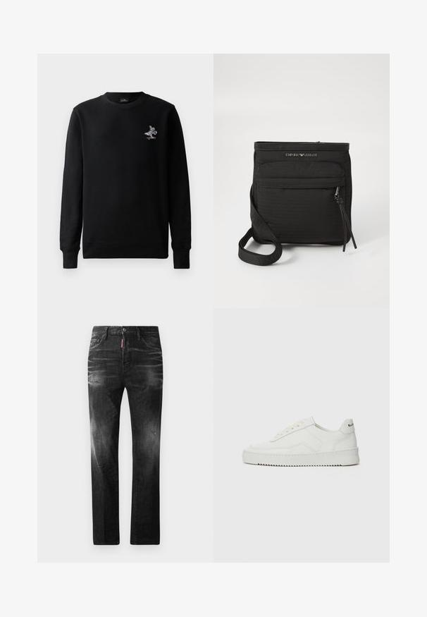 Černá mikina s kulatým výstřihem, dlouhými rukávy a malou barevnou vyšívanou grafikou králíka na skateboardu. Měkká textilie.; Černé džíny z denimu se rovnými nohavicemi. Obsahují vybledlé oblasti, drobné poškození, klasický pětikapsový design a zapínání na knoflík.; Bílé kožené tenisky s hladkým povrchem, kulatou špičkou, plochými tkaničkami a texturovanou podrážkou. Na patě se nachází nenápadné logo.; Černá crossbody taška Emporio Armani s přední zipovou kapsou, nastavitelným popruhem a logem na texturované tkanině.