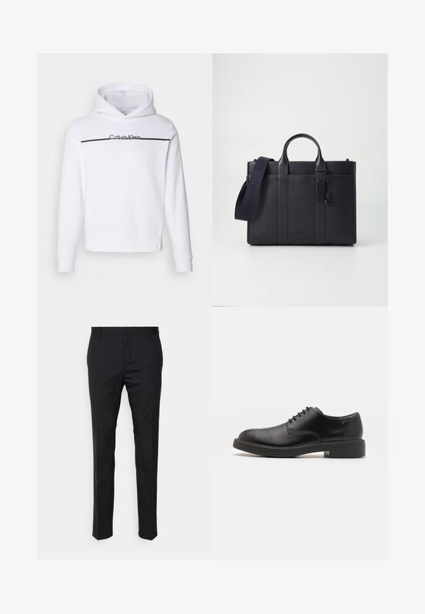 Felpa bianca con cappuccio in misto cotone, con una striscia orizzontale nera e il logo "Calvin Klein" contornato di nero sul petto.; Pantaloni neri su misura con una vestibilità dritta, realizzati in tessuto liscio. Presentano passanti per cintura e dettagli di piega lungo la parte anteriore.; Scarpa nera in pelle con lacci, punta tonda, texture liscia, cuciture minime e tacco in gomma basso. Logo sul tacco.; Cartella in pelle blu scuro con doppio manico superiore e tracolla removibile. Presenta una finitura texturizzata, cuciture verticali e dettaglio del logo.