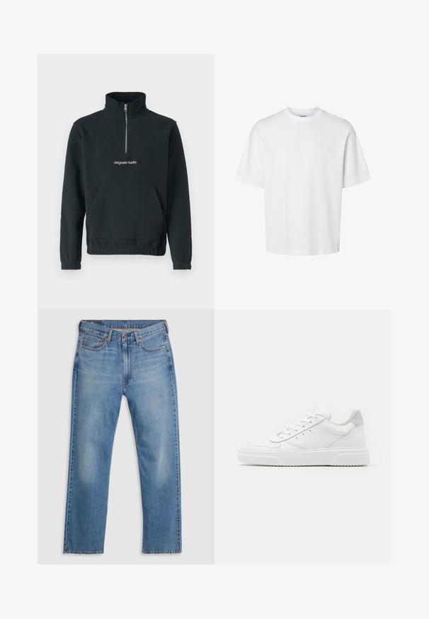 Jack & Jones JORVESTERBRO QUARTER ZIP - Sweat polaire - forest river; T-shirt en coton blanc à manches courtes, col rond et coupe décontractée. Texture lisse sans motifs ou accents visibles.; Jean en denim droit bleu avec fermeture à boutons et zip à l'avant, passants de ceinture et design à cinq poches sur fond blanc.; Des baskets en cuir blanc avec une finition lisse, un bout rond, des lacets plats et une semelle texturée. Accents en daim gris au niveau du talon.