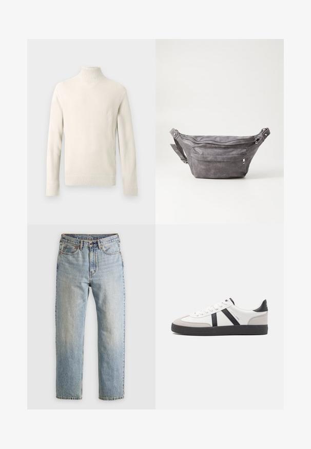 Cremefarbener, gestrickter Rollkragenpullover mit langen Ärmeln sowie gerippten Bündchen und Saum, auf einem weißen Hintergrund gezeigt.; Helle blaue Jeans mit hoher Taille, Frontknopf, Reißverschluss und fünf Taschen-Design, flach auf einem neutralen Hintergrund ausgelegt.; Weiße Sneaker mit schwarz- und grau-aczenten, ausgestattet mit einer strukturierten grauen Zehenkappe, schwarzer Gummi-Sohle und flachen weißen Schnürsenkeln. Sauberes Design, minimalistische Stil.; Graue Wildleder-Gürteltasche mit runder Form, zwei mit Reißverschluss verschlossenen Fächern und verstellbarem Trageriemen. Mit metallischen Hardware-Akzenten.