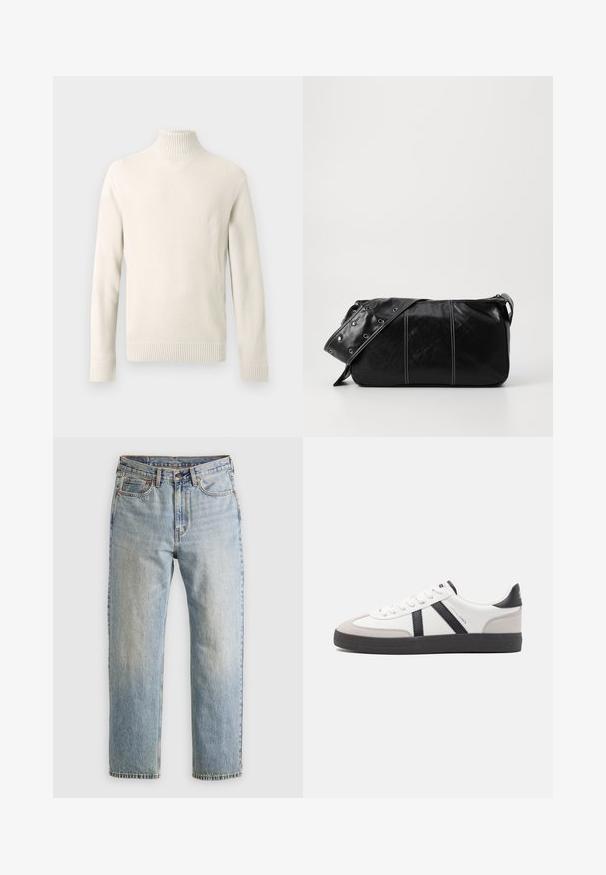Suéter de punto color crema con cuello de tortuga, de manga larga y con puños y dobladillo acanalados, exhibido sobre un fondo blanco.; Jeans de mezclilla azul claro de cintura alta, con botón frontal, cremallera y diseño de cinco bolsillos, dispuestos sobre un fondo neutro.; Zapatilla blanca con acentos en negro y gris, que presenta una puntera texturizada en gris, suela de goma negra y cordones planos blancos. Diseño limpio, estilo minimalista.; Bolso de hombro de cuero negro con cierre de cremallera, que presenta un cuerpo texturizado, costuras blancas y una correa con ojales plateados.