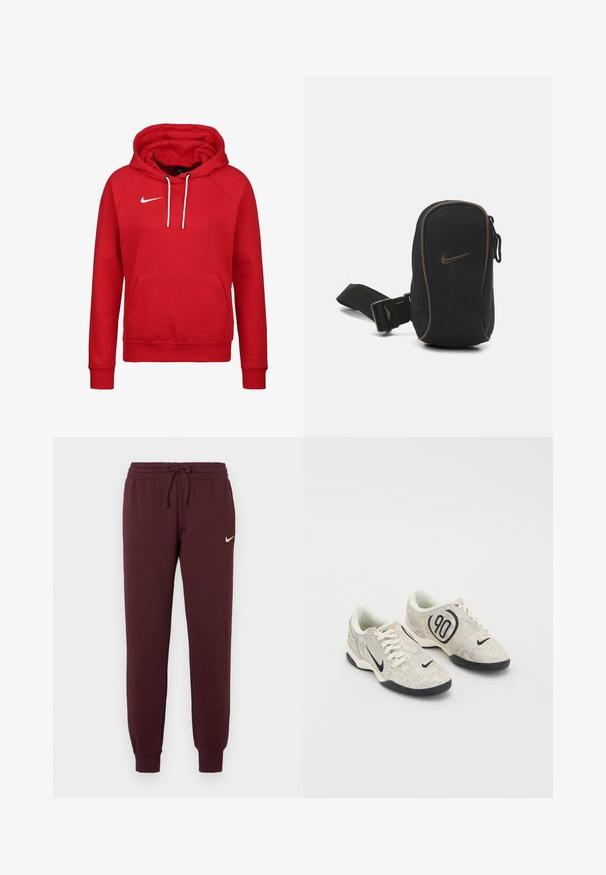 Haut à capuche rouge Nike avec une poche kangourou à l'avant, des cordons blancs et un petit logo blanc sur la poitrine gauche. Matière en coton doux et poignets côtelés.; Pantalons de survêtement bordeaux avec taille élastique et cordon de serrage. Présente des poignets côtelés et un petit logo Nike blanc sur la cuisse gauche. Texture lisse.; Baskets Nike avec une tige texturée beige et grise, des accents noirs, un grand logo "90" et un laçage blanc. Semelle noire.; Pochette noire Nike avec fermeture éclair, tissu texturé, accents marron et bandoulière détachable. Arbore un logo Nike bien en évidence à l'avant.