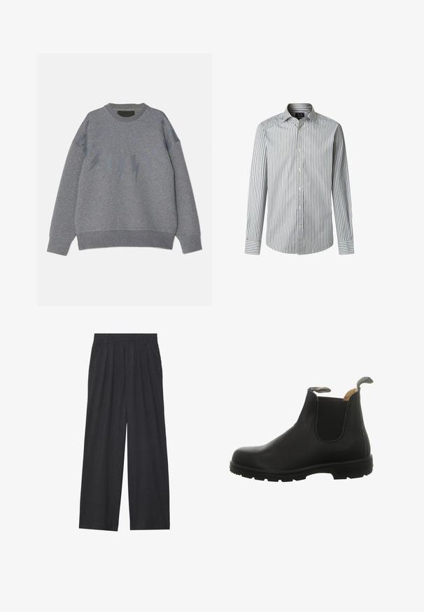 Szary sweter z okrągłym dekoltem, z motywem błyskawicy w nieco ciemniejszym odcieniu na piersi. Miękka tkanina, luźny krój.; Koszula w paski, długie rękawy, z pionowymi paskami w jasnoniebieskim, granatowym i białym kolorze, z klasycznym kołnierzykiem i standardowym krojem.; Szerokie spodnie wykonane z ciemnoszarego materiału. Posiadają pliski w talii, dopasowany krój oraz prostą sylwetkę.; Czarne skórzane botki Chelsea z elastycznymi panelami bocznymi, okrągłym noskiem i wytrzymałą gumową podeszwą z pętelką na pięcie dla łatwego zakładania.