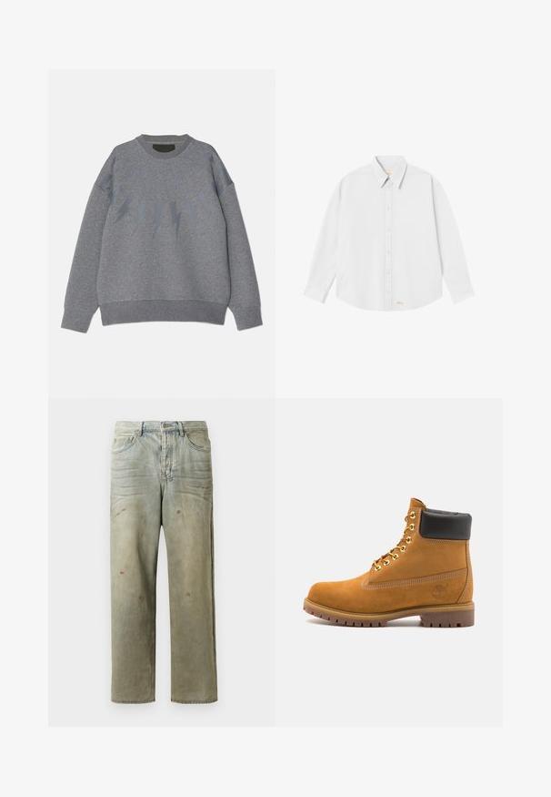 Szürke pulóver kerek nyakkivágással, a mell részen egy enyhén sötétebb árnyalatú villámmintával. Puha anyag, laza fazon.; Fehér gombos ing, klasszikus gallérral, hosszú ujjakkal és kerekített aljjal; a bal alsó részen kis narancssárga logó található.; Fakó zöld, kopott farmerszadrág, egyenes lábbal, ötk zsebes kialakítással, egyenetlen kopással és festékcseppekkel.; Barna velúr bokacipő fekete párnázott gallérral, arany fém fűzőlyukakkal, fehér varrási részletekkel és durva gumitalppal, amelynek kifejezett barázdái vannak.