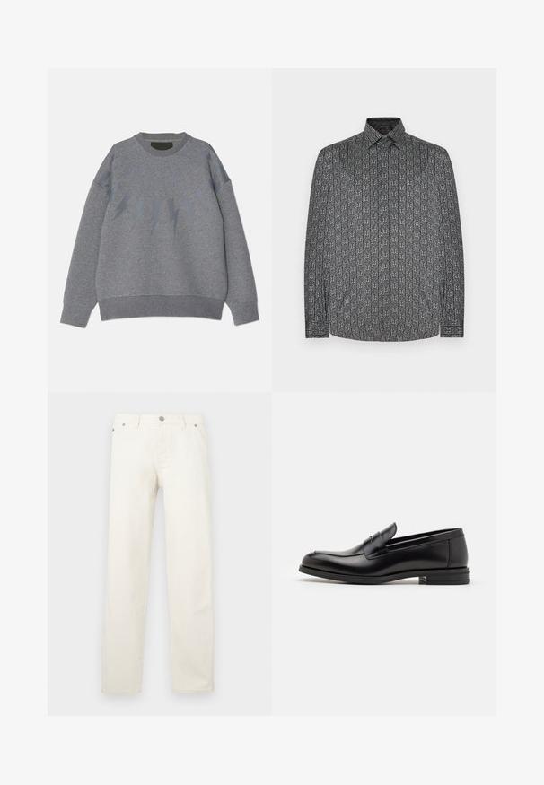 Grå sweatshirt med rund halsringning, prydd med ett blixtmönster i en något mörkare nyans över bröstet. Mjuk tyg, avslappnad passform.; Långärmad skjorta med mörkgrå bas och ett upprepat abstrakt vitt mönster. Knappkrage och manschettdetaljer synliga.; Vita jeans med raka ben av denim, med knappgylf, hällor för skärp och fem fickor. Tyget har en mjuk textur.; Svarta läderloafers med en slät yta, rund tå och ett dekorativt band över främre delen. Låg staplad klack, minimalistisk design.