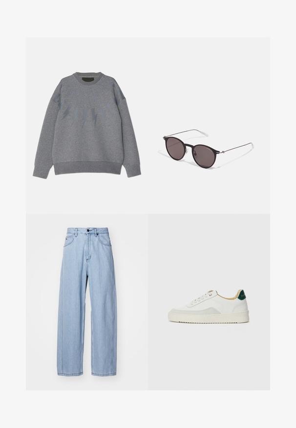 Sudadera gris con escote redondo, que presenta un patrón de rayo en un tono ligeramente más oscuro a través del pecho. Tejido suave, corte relajado.; Jeans de mezclilla azul claro con un diseño de pierna ancha, que cuentan con bolsillos frontales, un cierre de botón y costuras detalladas a lo largo de las costuras.; Zapatilla blanca con acentos de ante, puntera redondeada, cordones planos y suela de goma color crema. Presenta un logo verde en el talón.; Gafas de sol redondas negras con lentes oscuros y brazos metálicos delgados. Incluye puntas de varilla transparentes y acentos plateados en la bisagra. Diseño minimalista.