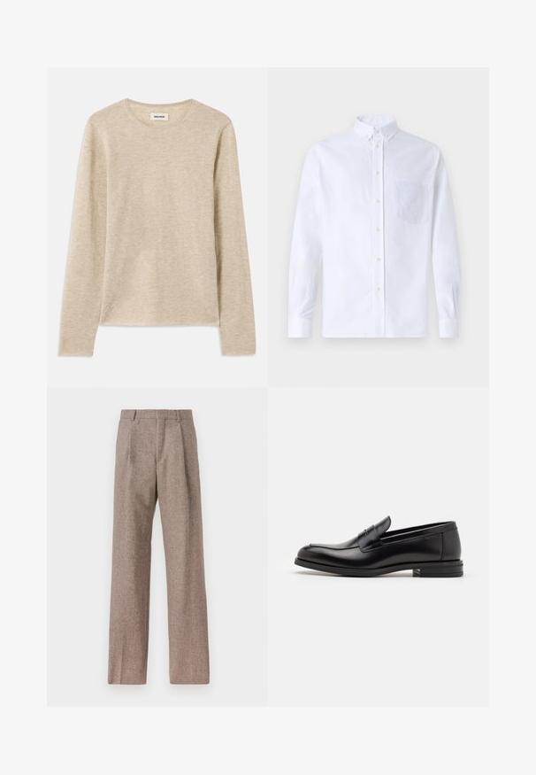 Beige hosszú ujjú ing, puha anyagból készült, kerek nyakkivágással és finom varrási részletgel az alsó bal részen.; Fehér, hosszú ujjú, gombos ing pamutból, mellzsebbel, tónusos hímzéssel, gallérral és gombos mandzsettával.; Barna, magas derekú nadrág texturált anyagból. Széles szárai és két elülső redője biztosítja a struktúrát. Ízléses kivitel, látható fémszerelés nélkül.; Fekete bőr loaferek sima textúrával, kerek orral és dekoratív pánttal a vampnál. Alacsony, rétegelt sarkú, minimalista dizájn.