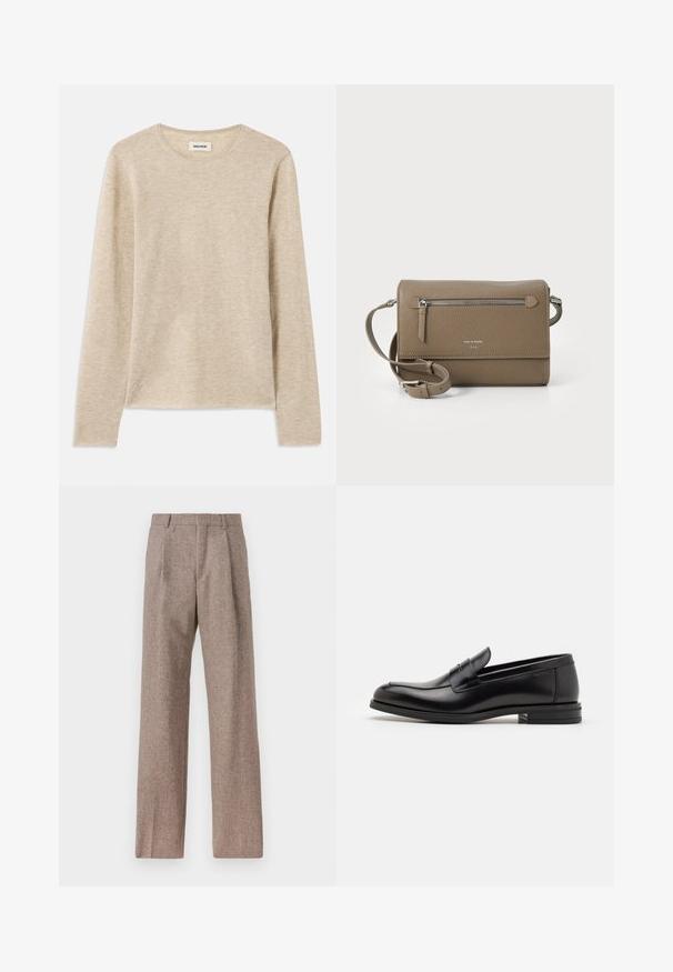 Beige Langarmhemd aus weichem Stoff, mit Rundhalsauschnitt und dezenten Nähten am unteren linken Rand.; Braune, hochtaillierte Hose aus strukturiertem Stoff. Mit weitem Bein und zwei vorderen Bügelfalten für zusätzliche Form. Saubere Verarbeitung ohne sichtbare Hardware.; Schwarze Lederloafers mit glatter Textur, rundem Zehenbereich und einem dekorativen Riemen über dem Vorderfuß. Niedriger, gestapelter Absatz, minimalistisches Design.; Taupe Leder Umhängetasche mit einem Reißverschluss-Frontfach, verstellbarem Schulterriemen, Strukturleder und geprägt Logo auf der Vorderseite.