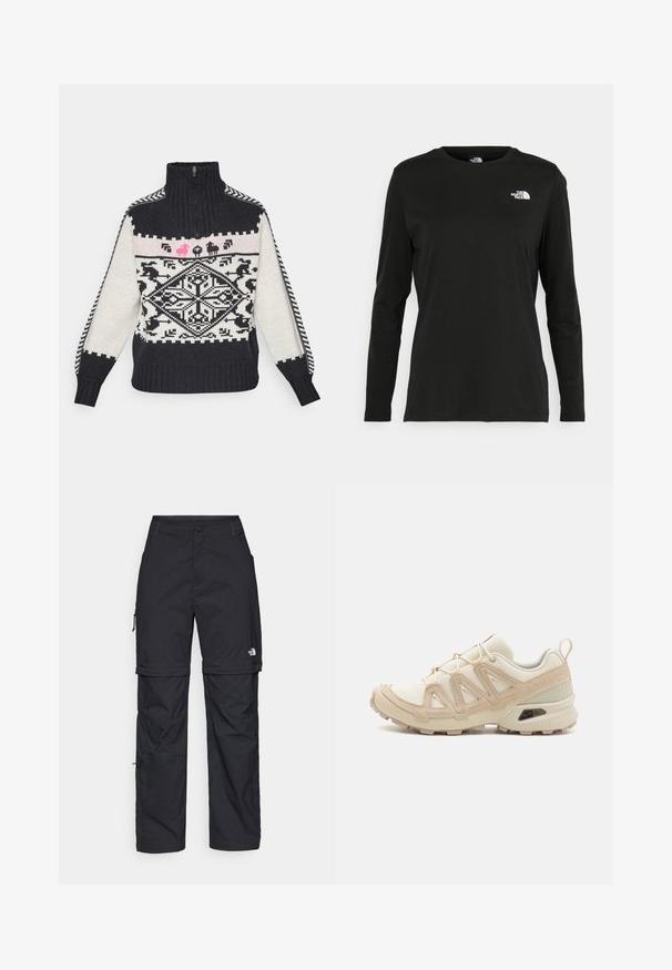 Pletený svetr s vysokým límcem, zdobený geometrickým vzorem v černobílém provedení, růžovými zvířecími motivy a žebrovanými manžetami.; Černé tričko s dlouhým rukávem vyrobené z bavlny s kulatým výstřihem. Na levé části hrudi se nachází malé bílé logo. Jednoduchý design a střih.; Černé nylonové cargo kalhoty na zip s nastavitelnými manžetami, několika kapsami a logem na pravé noze. Hladká, lehká textura.; Béžová a krémová sportovní obuv s texturovaným síťovaným svrškem, podpůrnými překryvy a gumovou podrážkou s dezénem pro lepší přilnavost.