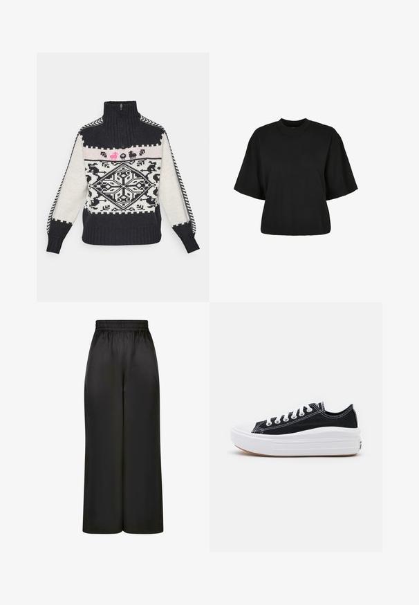 Strickpullover mit hohem Kragen, der ein geometrisches Schwarz-Weiß-Muster, rosa Tiermotive und gerippte Manschetten aufweist.; Schwarzes, kurz geschnittenes T-Shirt aus Baumwolle. Hat kurze Ärmel und einen runden Halsausschnitt. Glatte Textur mit einem schlichten Design, ohne zusätzliche Muster.; Schwarze, weit geschnittene Hosen aus glattem, glänzendem Stoff mit elastischem Bund und ohne sichtbare Taschen oder Metallteile.; Schwarze Canvas-Sneaker mit weißen Schnürsenkeln, weißer Gummikappe und einer massiven weißen Zwischensohle. Besondere Merkmale sind dezente weiße Nähte und eine Gummisohle.